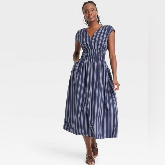 Blue and white striped midi a line dress - Picture 1 of 2